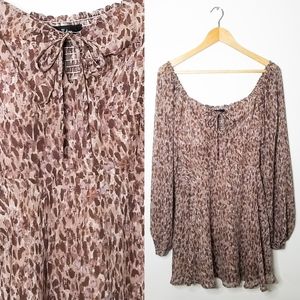 Lovely Day Flowy Ditzy Print Off The Shoulder Long Sleeve Mini Dress w/ Keyhole